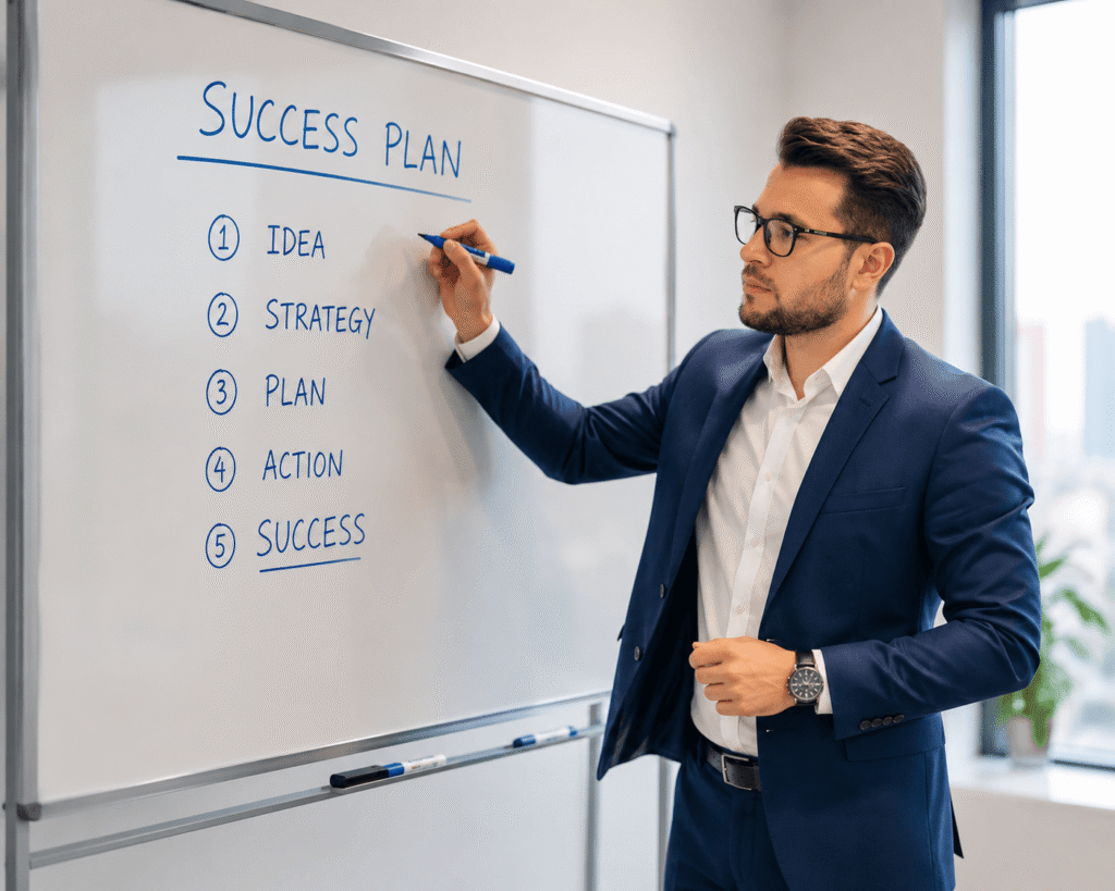 Professional businessman presenting a 5-step business success plan on a whiteboard in a modern office.