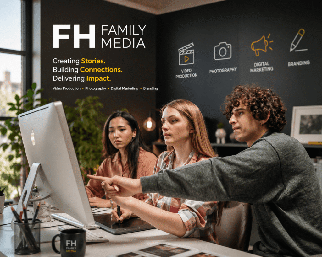 Creative team working on a digital project at FH Family Media agency with service icons displayed on the wall.