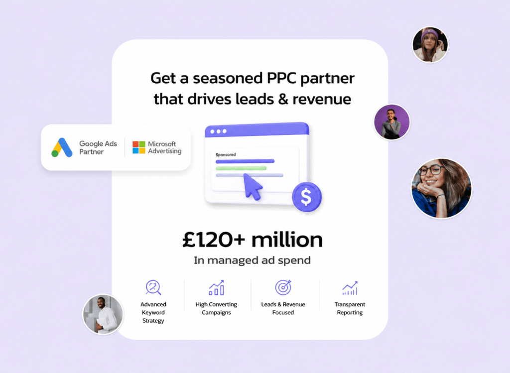 Paid advertising service graphic from FH Family Media titled Get a seasoned PPC partner that drives leads and revenue. The image features Google Ads Partner and Microsoft Advertising badges, a 3D illustration of a sponsored search result and a dollar coin, and highlights over 120 million pounds in managed ad spend alongside core pillars: Advanced Keyword Strategy, High Converting Campaigns, Leads & Revenue Focused, and Transparent Reporting.