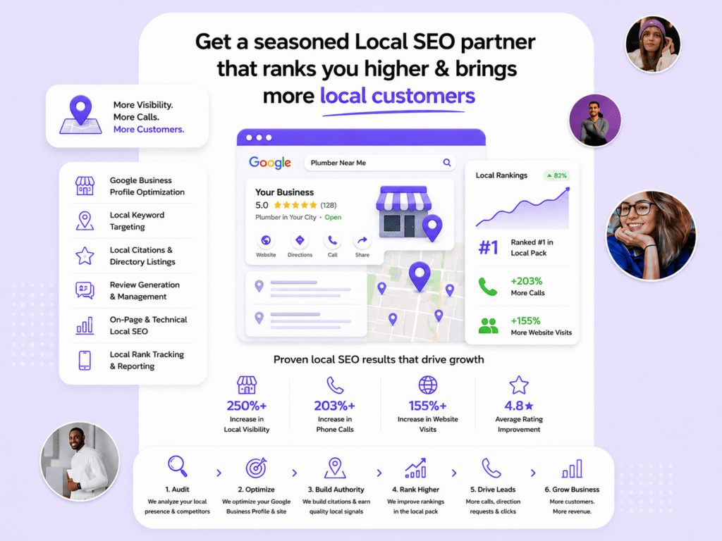 Local SEO service infographic from FH Family Media titled Get a seasoned Local SEO partner that ranks you higher & brings more local customers. The central graphic features a 3D Google Maps search mockup for "Plumber Near Me" showcasing an optimized 5.0-star business profile, ranked number one in the local pack, displaying performance metrics: +203% more calls and +155% more website visits. The bottom outlines a 6-step localized strategy from competitor auditing to business growth.