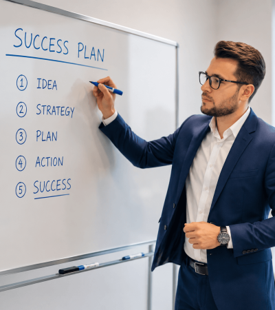 Professional businessman presenting a 5-step business success plan on a whiteboard in a modern office.